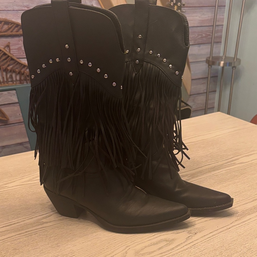 Oakley Black Fringe Heeled Boots